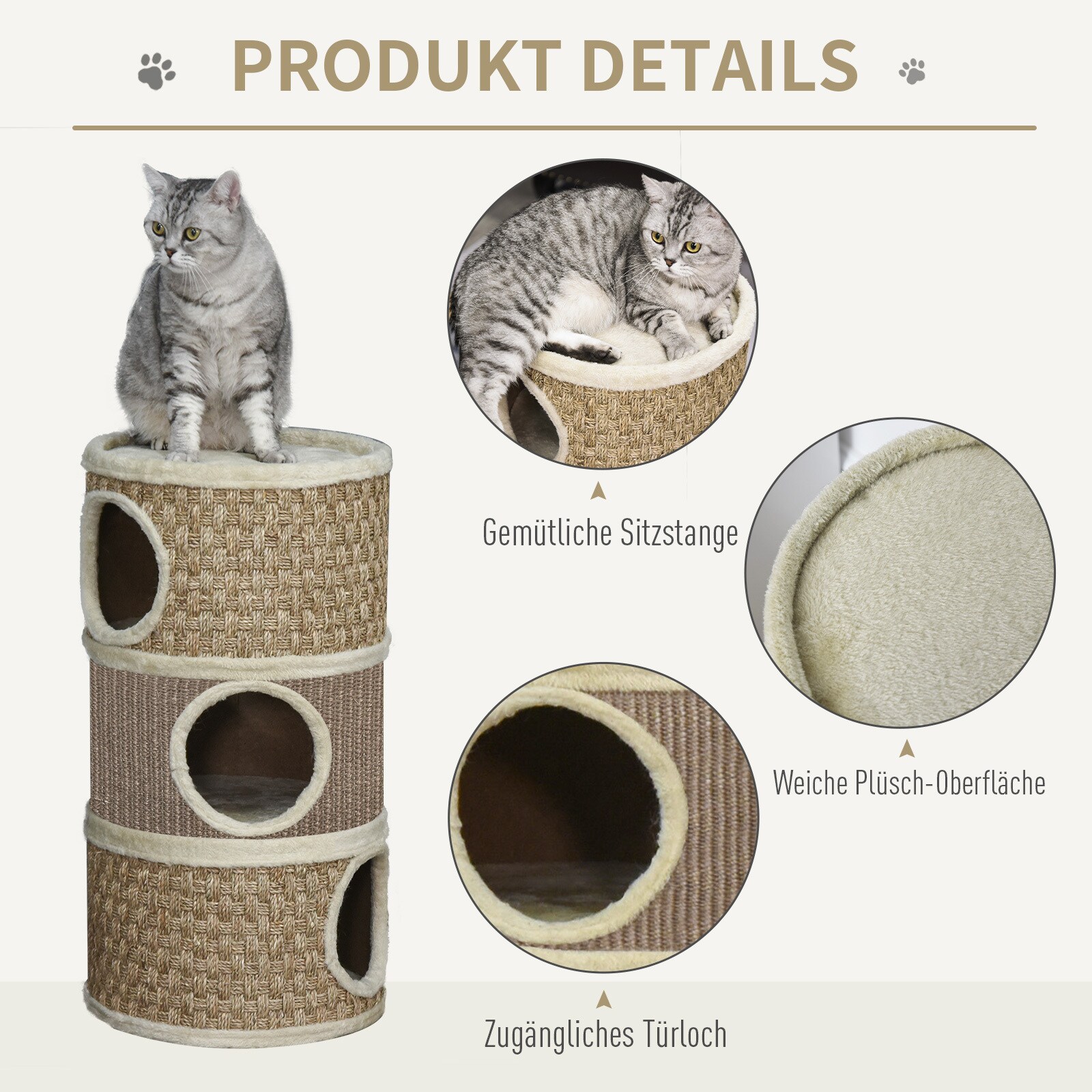 PawHut Katzenkratzturm 3 Stockwerke, Kratzbaum Khaki, Braun 37,5 x 37,5 x 70 cm (LxBxH)
