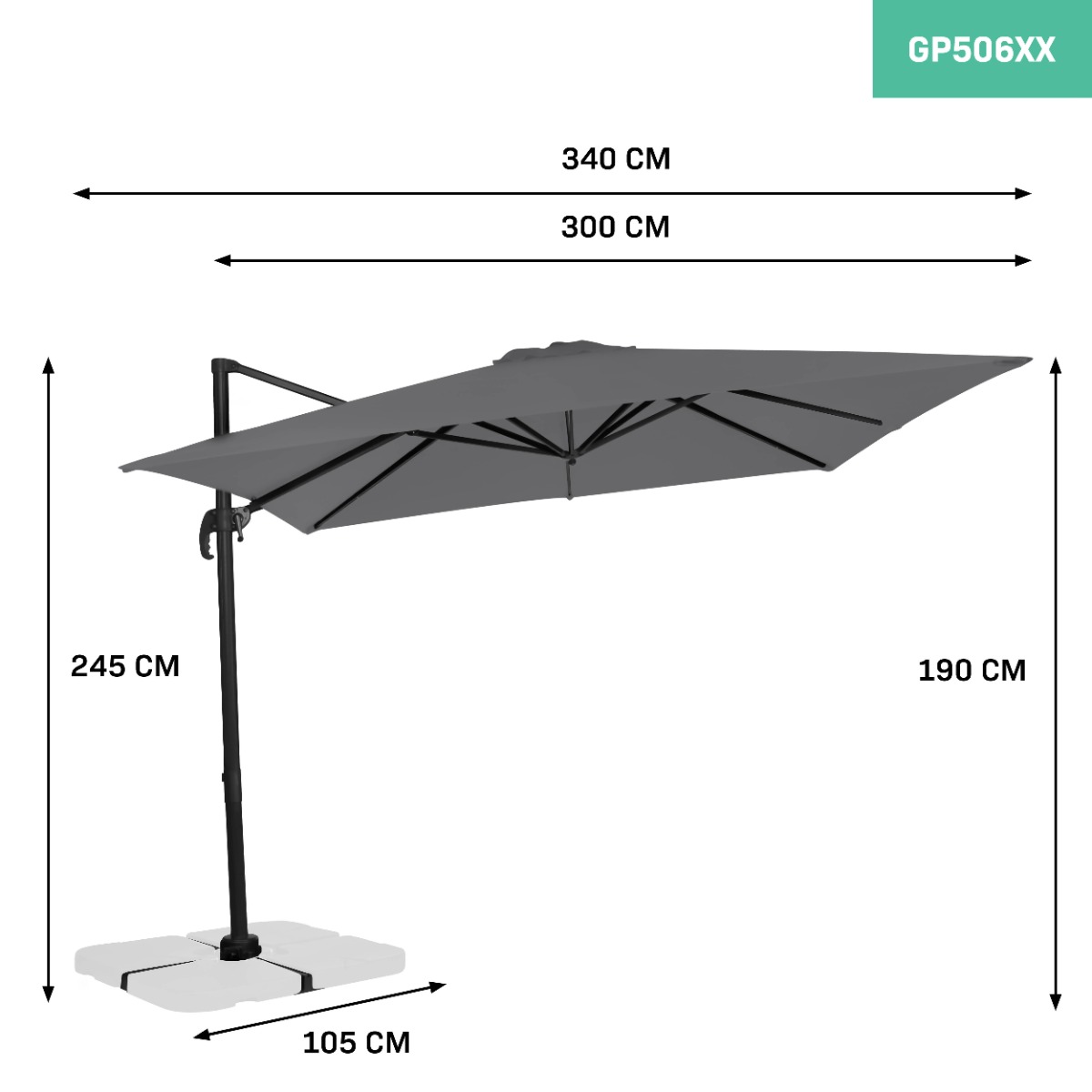 VONROC Pisogne 300 x 300 cm Premium zweefparasol met hoes - Grey