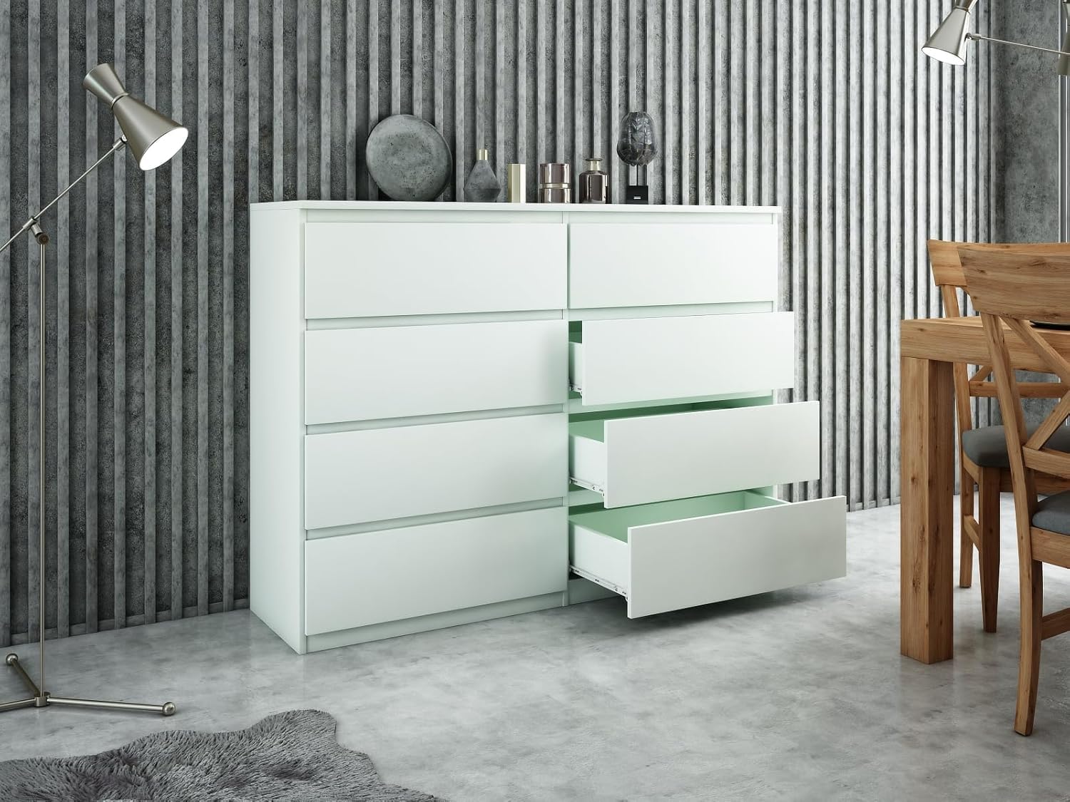meble masztalerz Kommode Weiss Matt mit 8 Schubladen - 120 x 101,5 x 39 cm - Sideboard Wohnzimmer, Schlafzimmer - Schubladenschrank - Komodenschrank