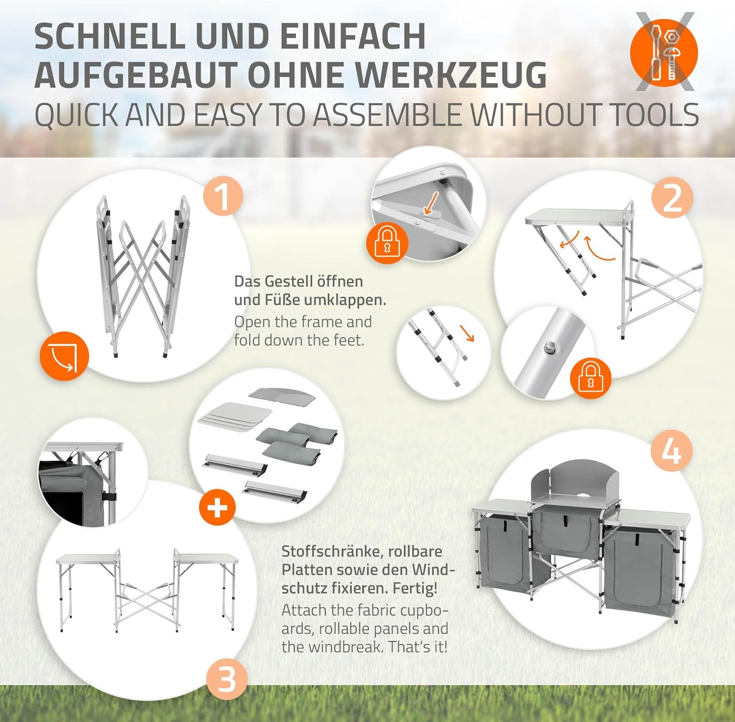 Hauki Camping Küche Campingschrank faltbar mit Tragetasche, Reiseküche mit Windschutz, Küchenschrank mit Arbeitsplatte, Staufächern, Alu Outdoorküche Faltschrank Küchenbox klappbar Zeltschrank tragbar