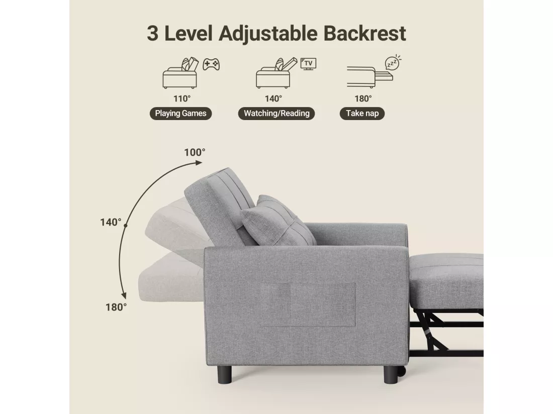 Fauteuil Convertible Bealife Fauteuil Lit Canapé 1 Place Chaise Longue Coussin Réglable Rangement Roues Pliante AR21-G