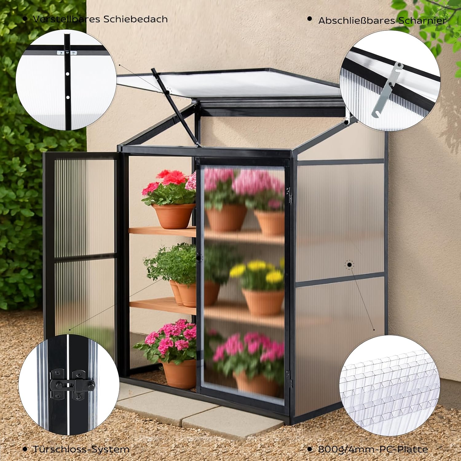 Aluminium Anlehngewächshaus Beistell Tomatengewächshaus klein Gewächshaus Doppeltür Treibhaus 140x55X130 cm schwarz