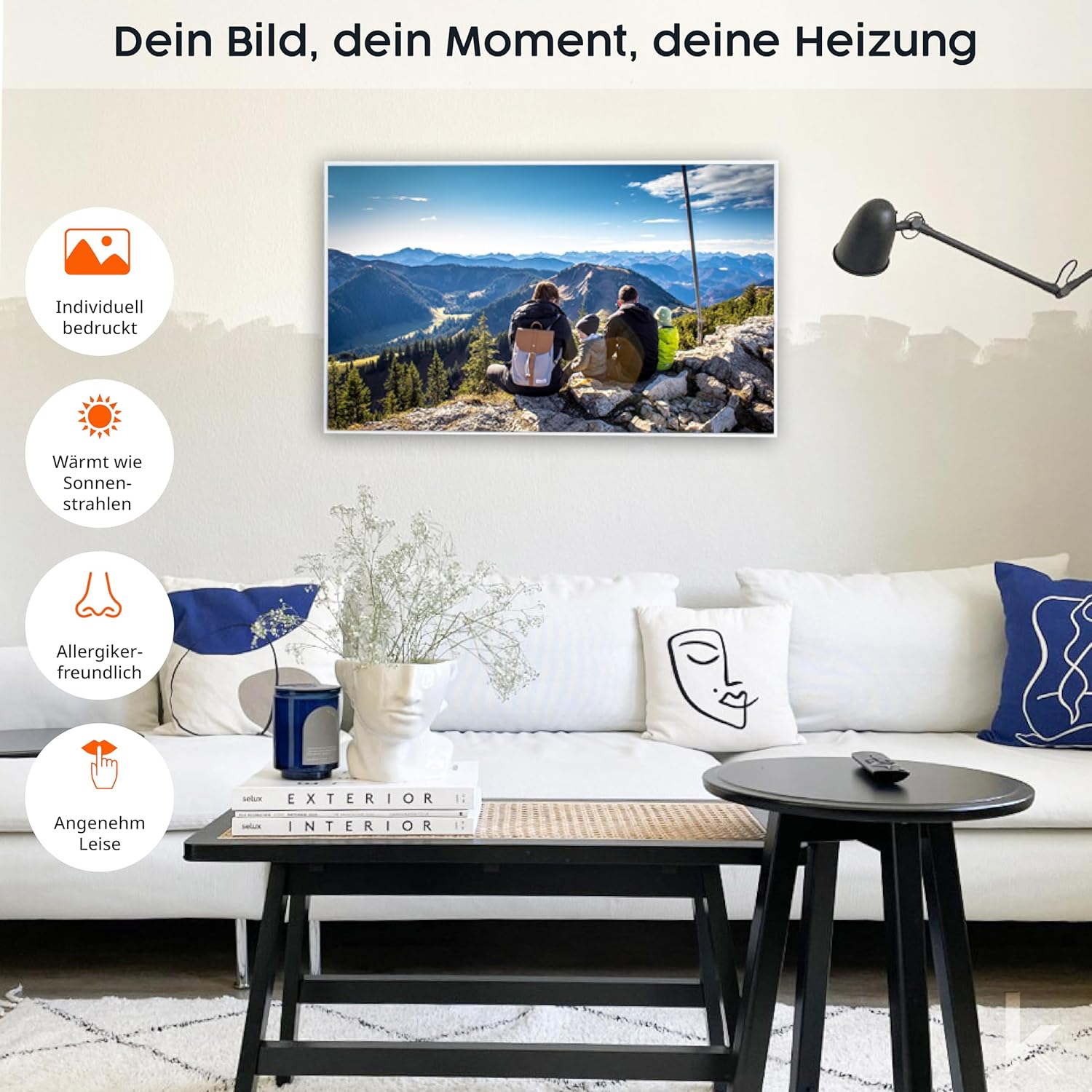 Könighaus Infrarotheizung – Gestalte Deine Fotoheizung – TÜV SÜD - 1000 Watt + Smart Thermostat + Könighaus APP - Weißer Rahmen