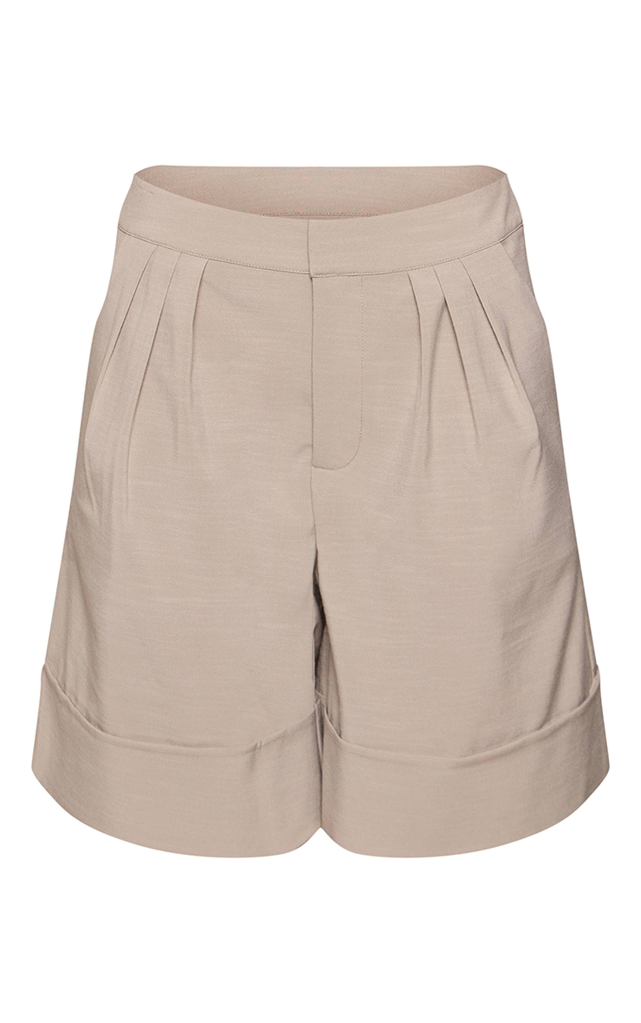 Gris Pierre Short Tailleur Tissé À Plis Et Ourlet Retroussé