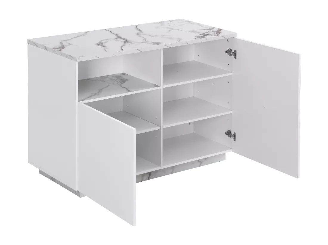 Ilot central de cuisine avec 2 portes et 1 niche en MDF - Effet marbre blanc - CORELINA