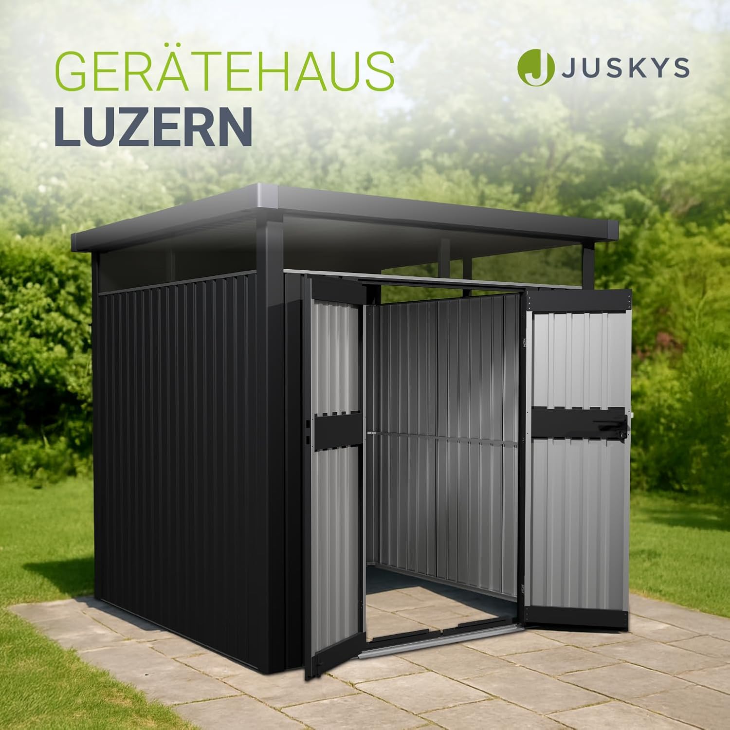 Juskys Gerätehaus Luzern M - 5,2 m² - Metall Geräteschuppen mit Türen & Fenstern - wetterfest & abschließbar - Fahrradgarage, Gartenhaus - Anthrazit