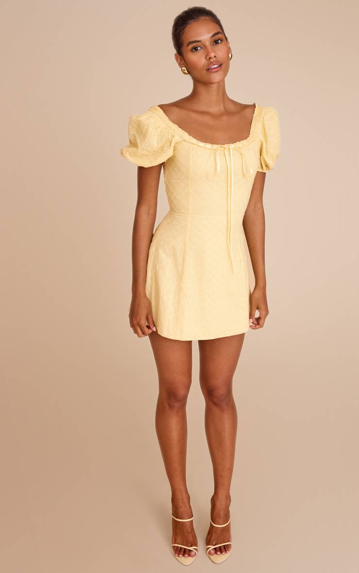 Jaune Robe Mini Trapèze À Manches Bouffantes En Broderie Anglaise