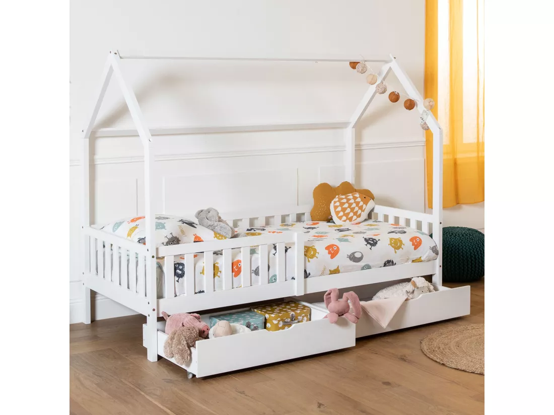Lit cabane pour enfant 190x90cm blanc avec tiroirs MARCEAU - HAPPY GARDEN