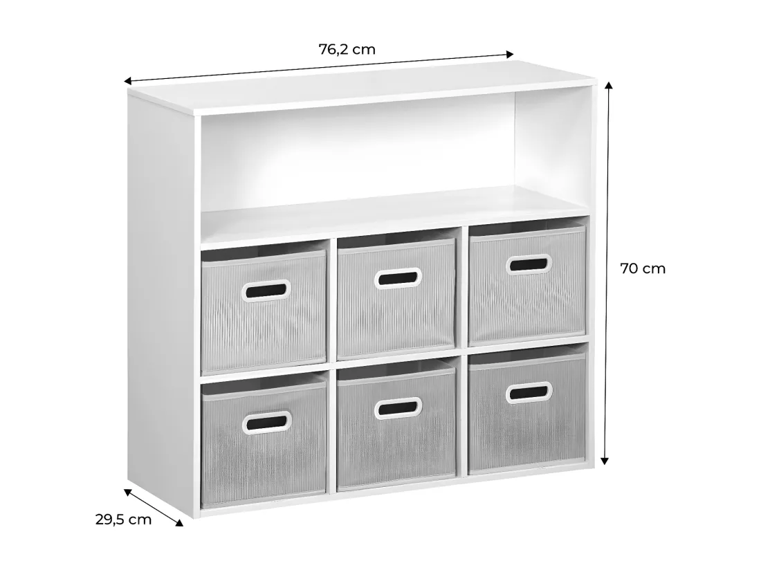 Meuble de rangement pour enfant avec 7 compartiments et 3 paniers bleus et 3 paniers gris en velours