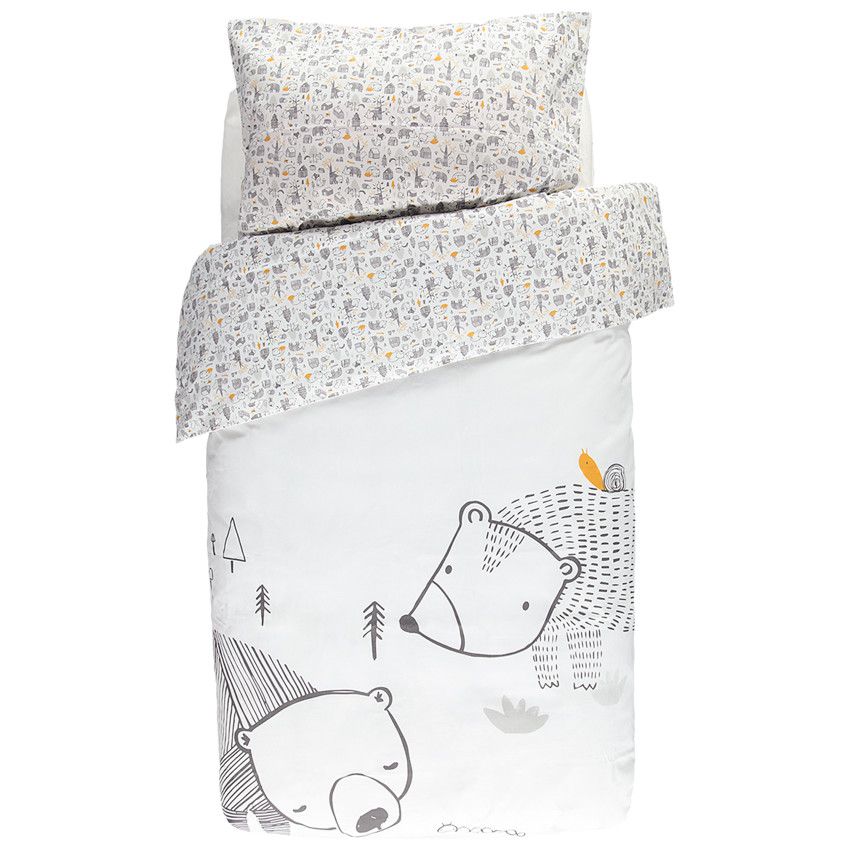 Parure de lit avec housse de couette print ours et taie imprimée all-over - Blanc