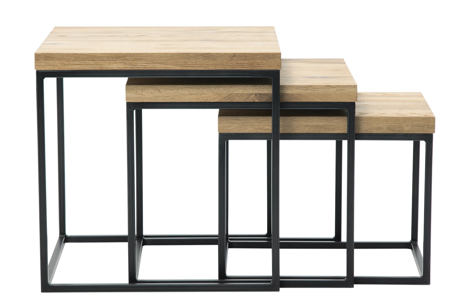 Calia settbord Hvitoljet heltre eik, med industriell sort stål. Sett av 3stk bord i 50x50, 47,5x43 og 45x36 cm.