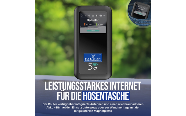 Falcon Evo 5G Mobile Deluxe Internetantenne mit tragbarem Router und bis zu 3400 Mbit/s Geschwindigkeit