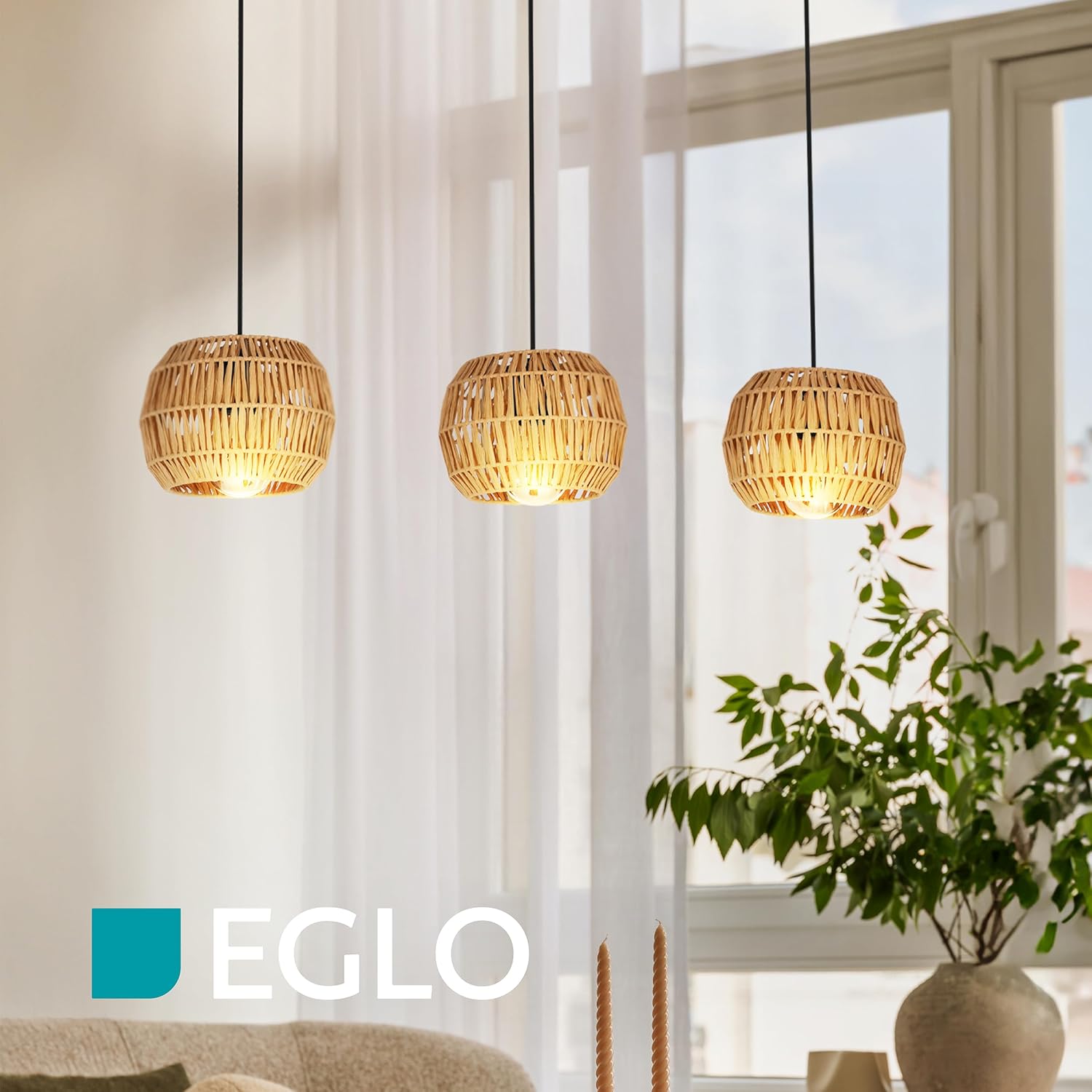 EGLO Hängelampe Sheldon, Esstisch Pendelleuchte 3-flammig, Esstischlampe Boho, Hängeleuchte mit Lampenschirm aus Bast Papier, E27 Fassung, 91 cm
