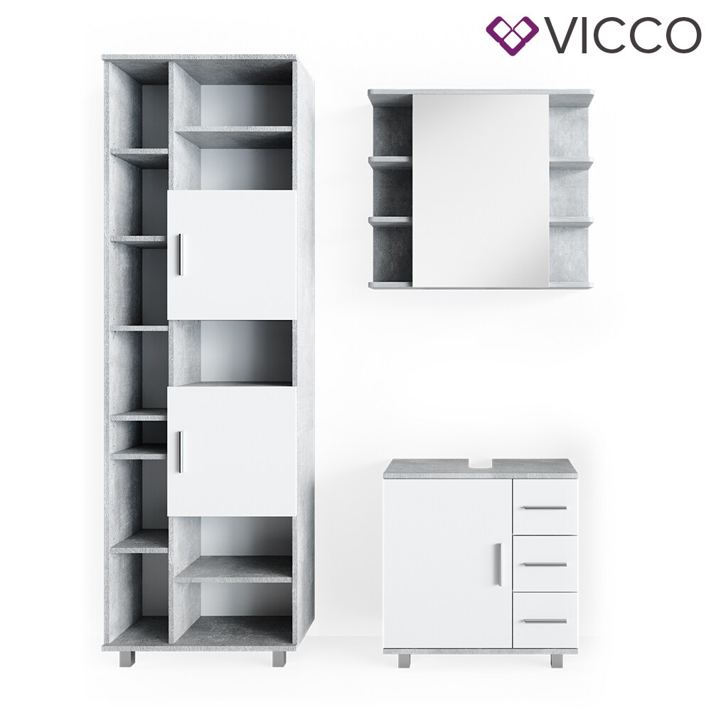 VICCO Badmöbel Set ILIAS Weiß Beton Bad Spiegel Kommode Unterschrank Badschrank