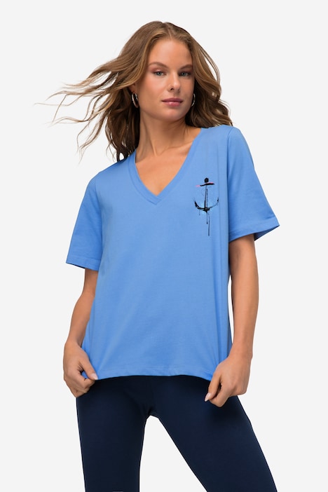 T-Shirt, A-Line, seitliches Karo, V-Ausschnitt, Halbarm