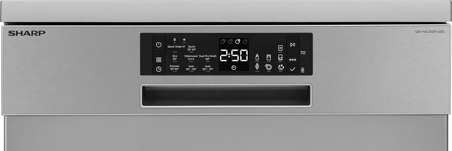 Sharp QW-NA25GF44BS-DE Freistehender Geschirrspüler 60cm / B / 14 Maßgedecke mit Besteckschublade / 8 Programme mit Automatikprogrammen/Halbe Beladung/Startzeitvorwahl/AquaStop/Silber