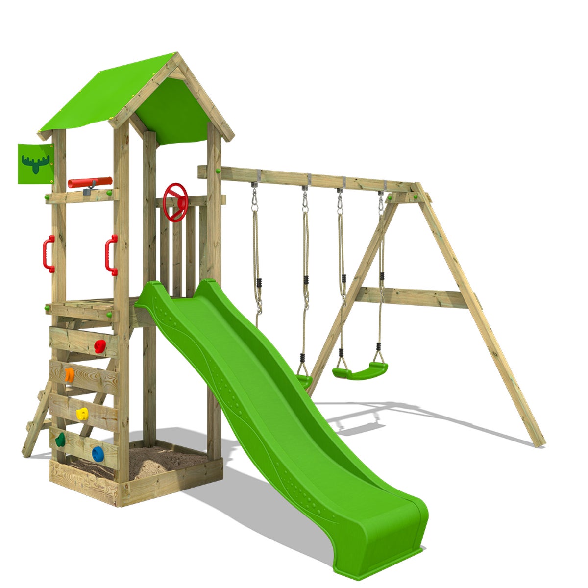 FATMOOSE KiwiKey speeltoren met schommel en appelgroene glijbaan, inclusief zandbak, ladder en speelaccessoires