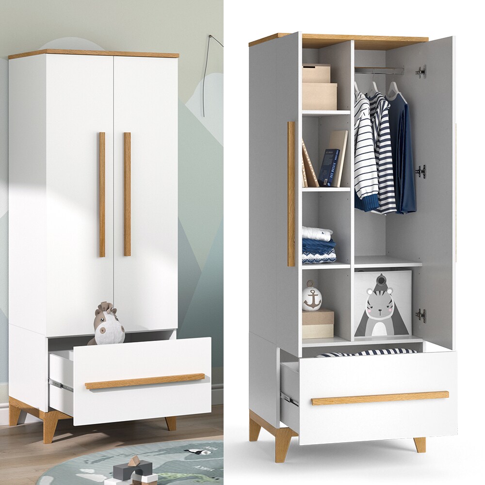 VitaliSpa Kleiderschrank Kinderzimmerschrank Aufbewahrungsschrank Malia Weiß Eiche modern 70x187 cm Kinderzimmer Möbel Babymöbel Schublade Tür Fach Kleiderstange Ablage Babyzimmerschrank