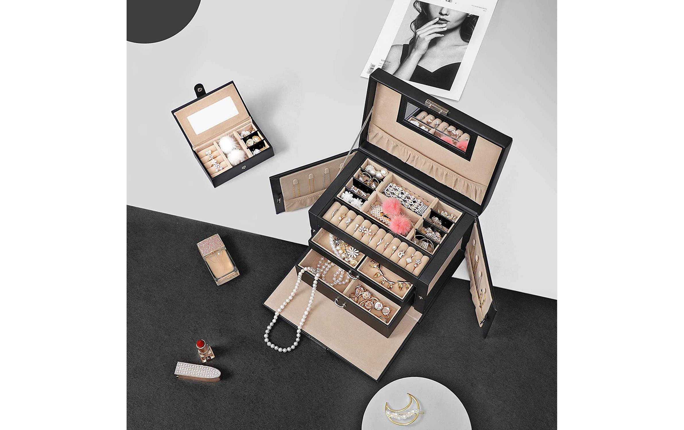 Schmuckschatulle mit 3 Ebenen, Schwarz, KunstlederSchmuckbox abschliessbar
