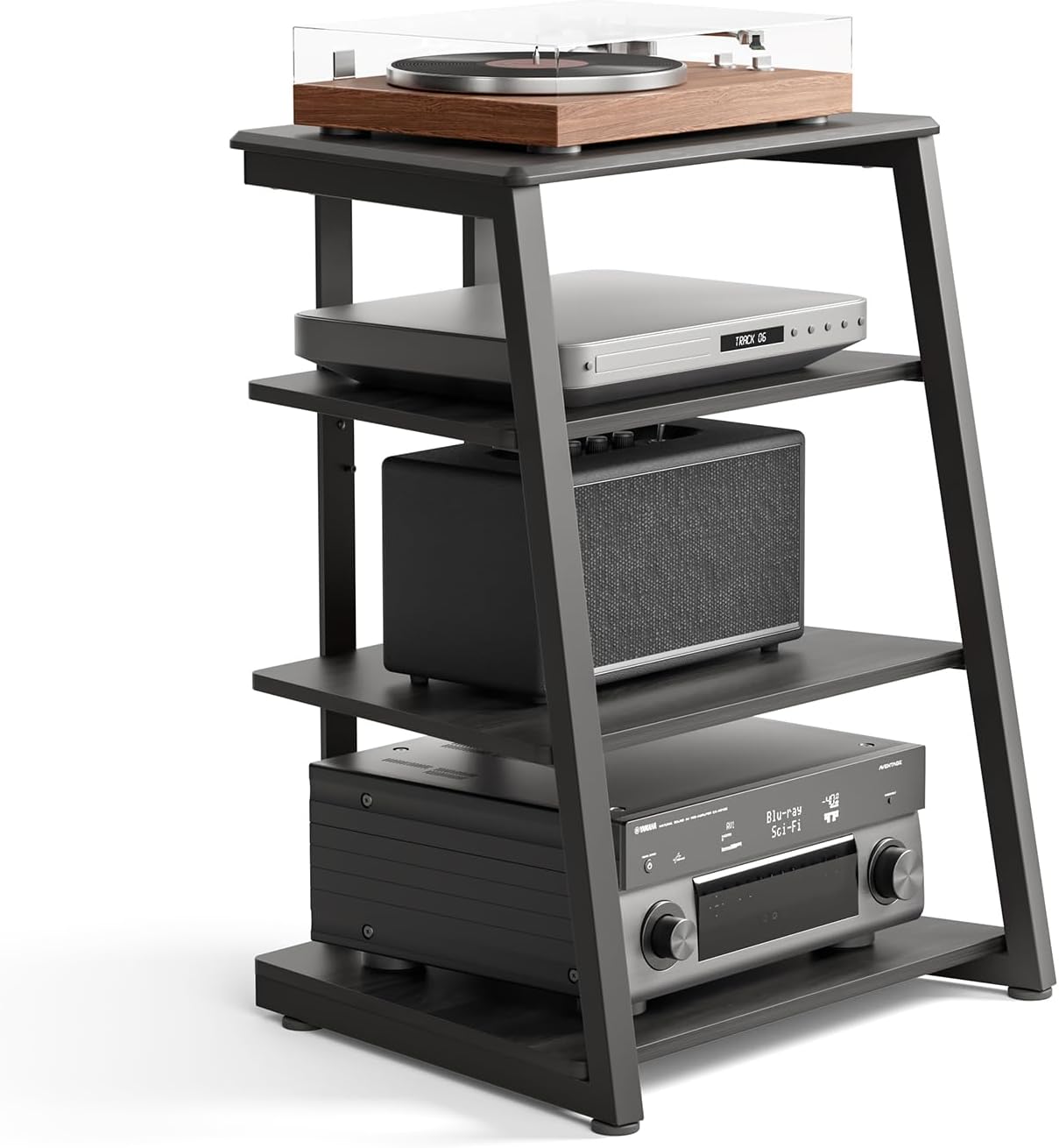 FITUEYES Design HiFi Rack aus Holz & Stahl, Plattenspieler Tisch mit verstellbaren Ablage, HiFi Regal für Plattenspieler & Stereoanlagen & Kompaktanlage, 61 x 52 x 78 cm