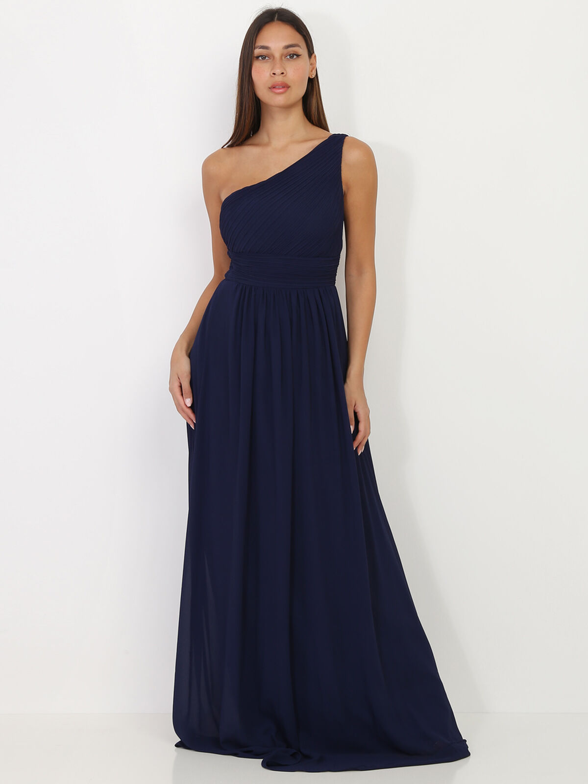 Robe longue drapée one shoulder- Bleu marine