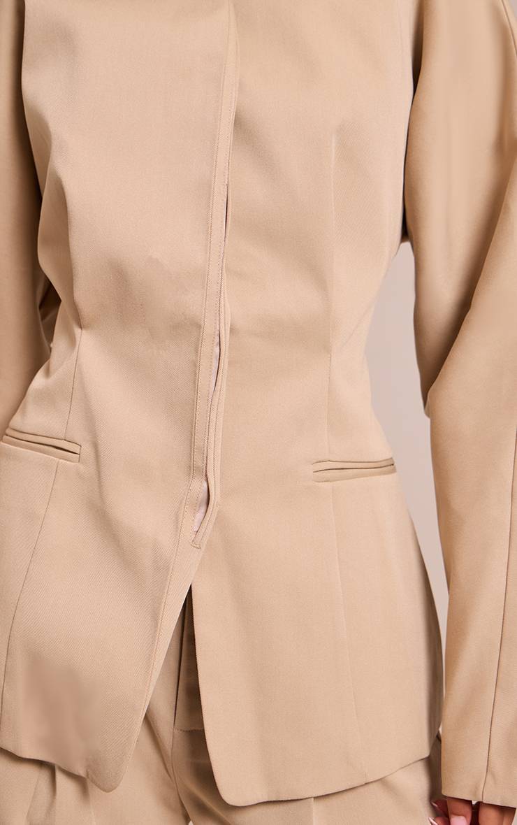 Sable Blazer Tailleur Tissé Premium Sans Col Tall En Ensemble Coordonné