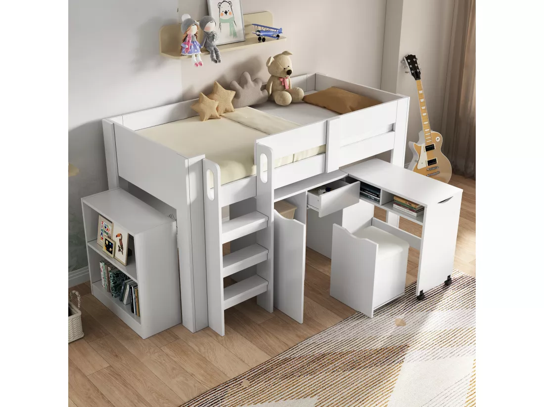 Lit mezzanine enfant 90x200cm - en MDF - avec bureau escamotable et armoire amovible - Blanc