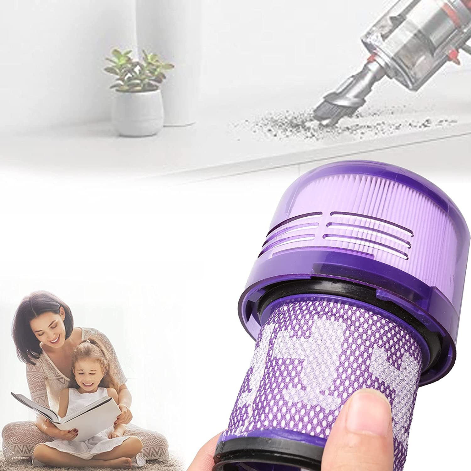 (4-tlg. Set) Ersatz Hepa Filter inkl. Reinigungsbürste für Dyson Staubsauger V11 / V15 - Violett