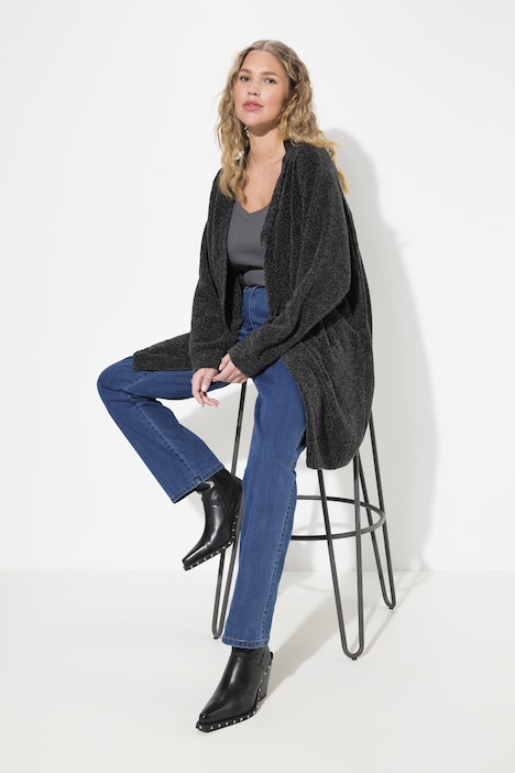 Chenille-Strickjacke, Oversized, V-Ausschnitt, offene Form