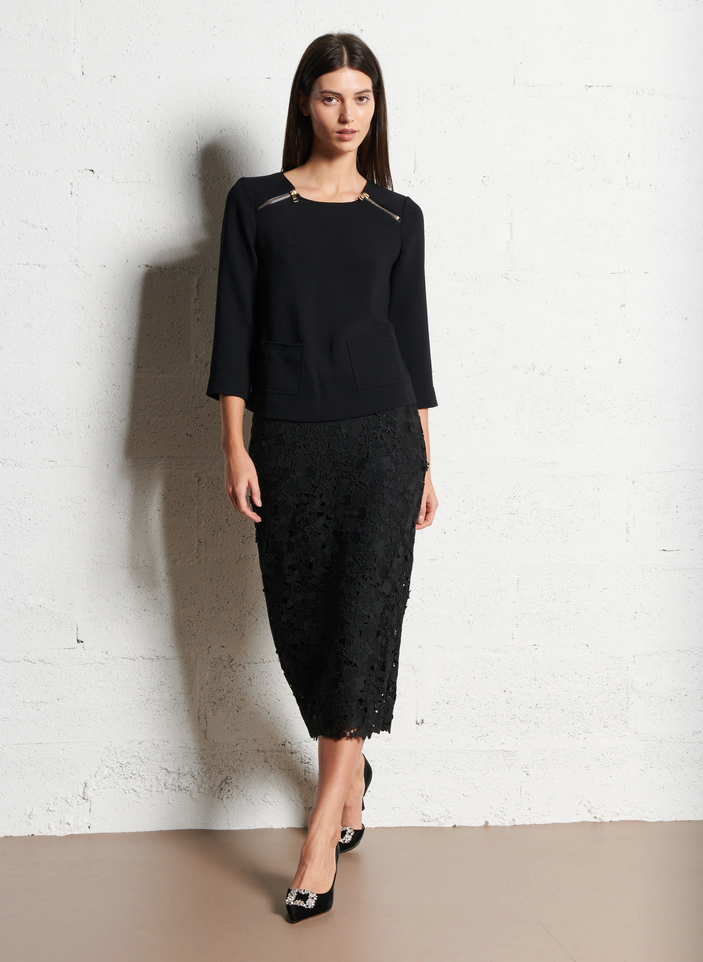 PAYTON - Jupe midi en dentelle | Noir