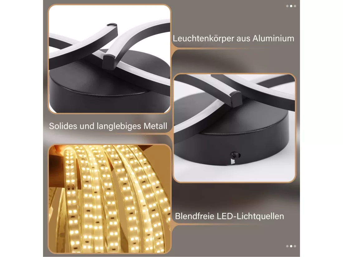 NETTLIFE Plafonnier LED Salon 24W Moderne Créatif Noir Lampe Cuisine 3000K Blanc Chaud