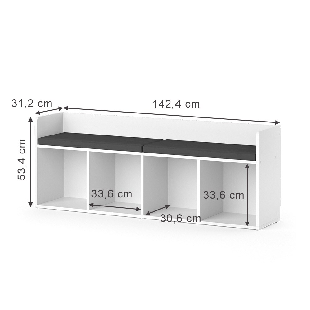 Vicco Sitzbank Kinderzimmerbank Kinderregal Luigi Weiß 142x53 cm modern Kinderzimmer Regal Aufbewahrungsregal Bücherregal Lesebank Spielzeugaufbewahrung Organizer Regal-Bank-Kombi 4 Fächer