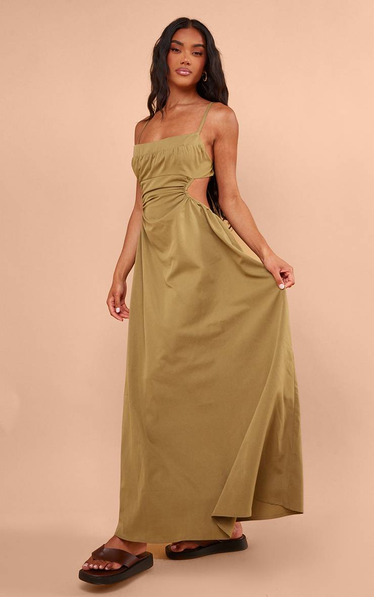 Vert Olive Robe Longue Dos Découpé