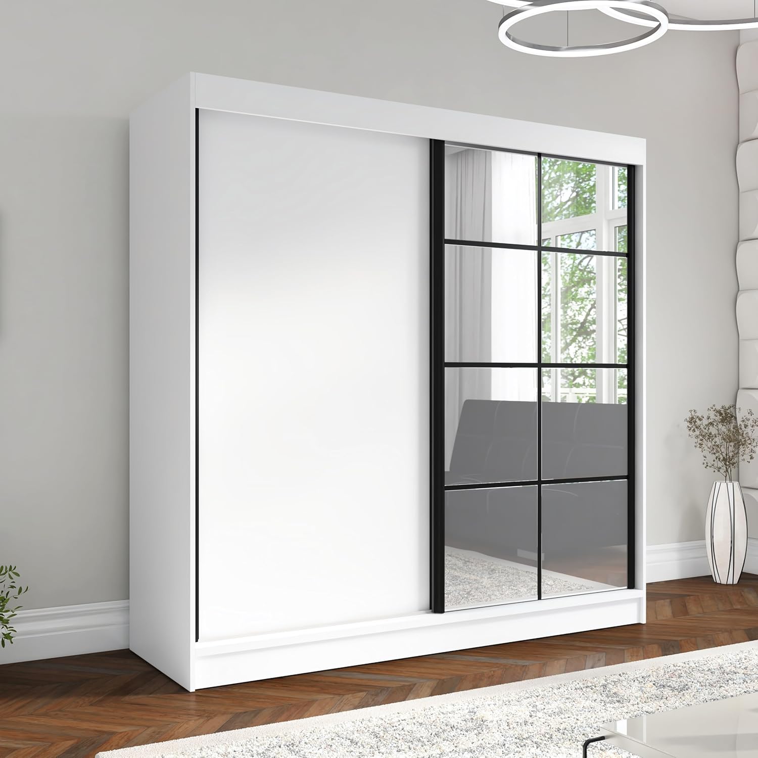 A&J MöbelLand Schwebetürenschrank TAVIRO Kleiderschrank 2-türig mit Schubladen und Spiegel, Garderobe 200 cm (Weiß)