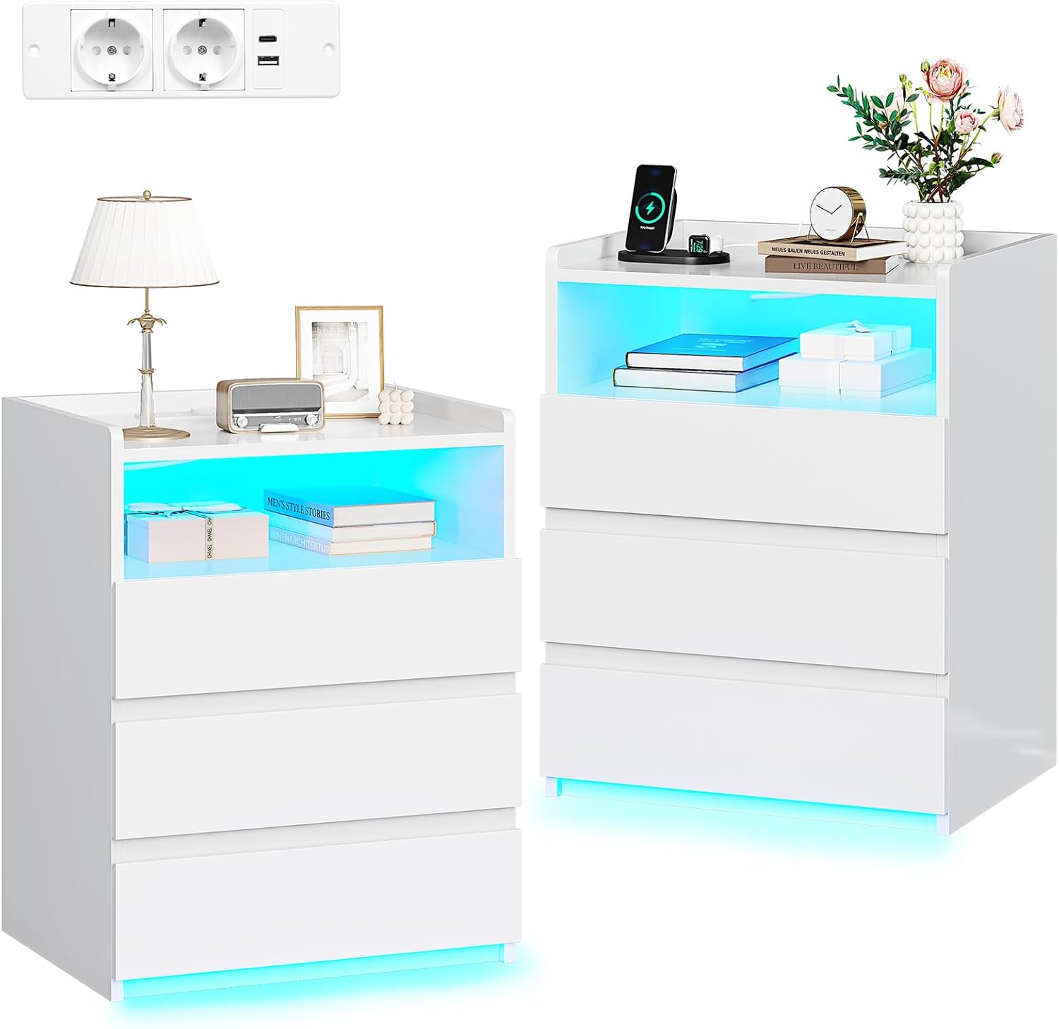 2er Set Nachttisch mit Steckdosenleiste Nachtschrank mit Geräumiger Tischplatte,3 Schubladen und 1 Fach,Beistelltisch mit LED-Beleuchtung,Modern Sofatisch Couchtisch für Wohn- Schlafzimmer (2, Weiß)