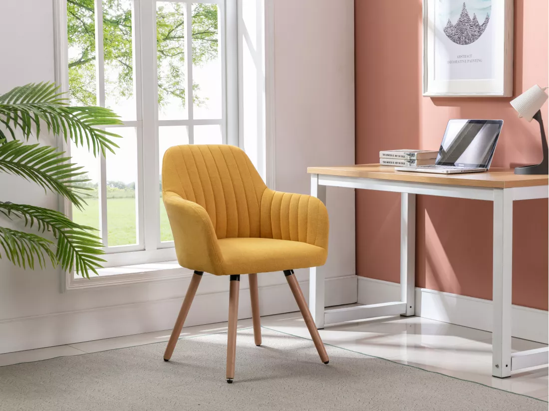Chaise avec accoudoirs - Tissu et métal effet bois - Jaune - ELEANA