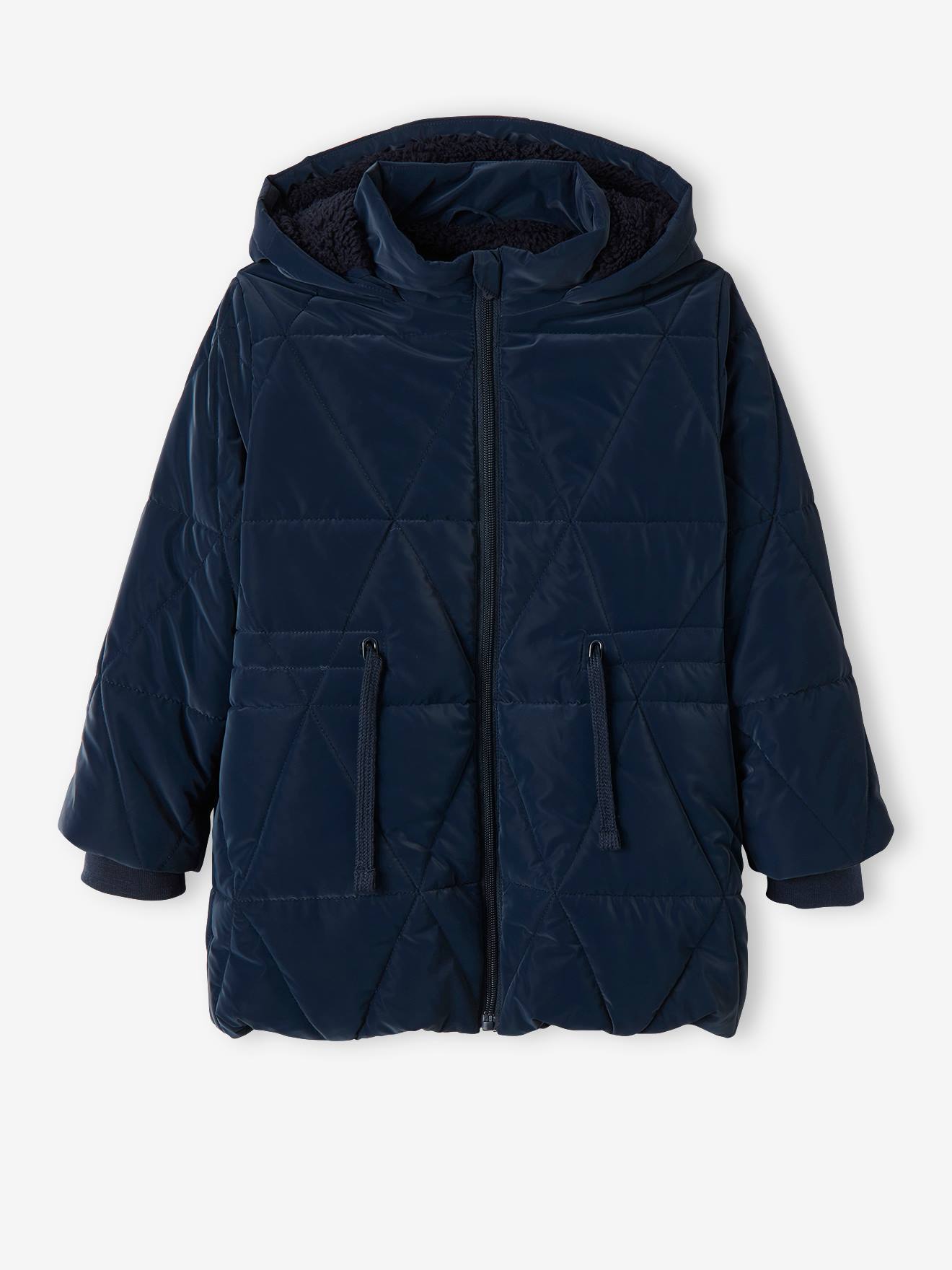 Jaqueta longa acolchoada com capuz e forro de sherpa, estampa azul escura para meninas.