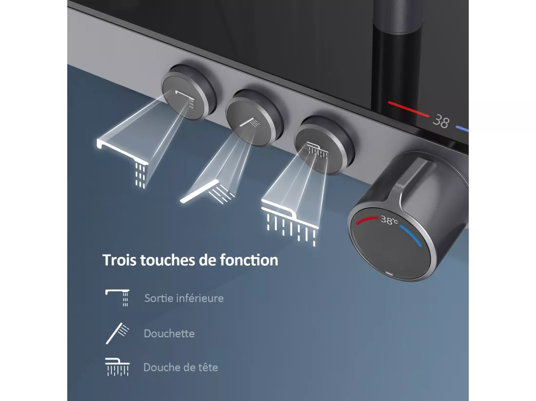 EMKE Colonne de douche Thermostat, 45 x 13 cm étagères en verre, 3 types de jets, douche à effet pluie, Certification KTW, Gris métal