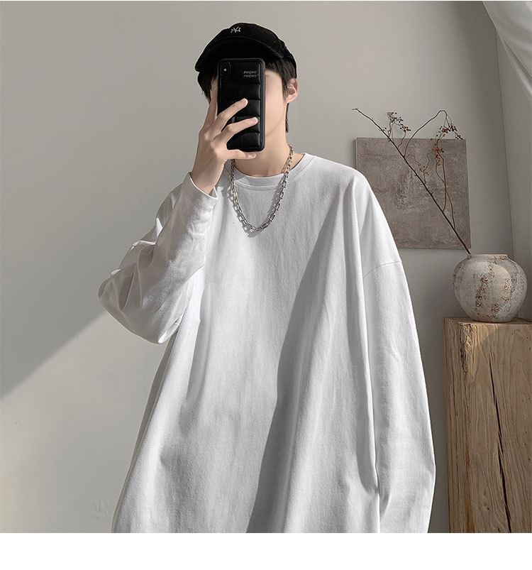 FOEV - T-shirt met lange mouwen, ronde hals en effen oversized print
