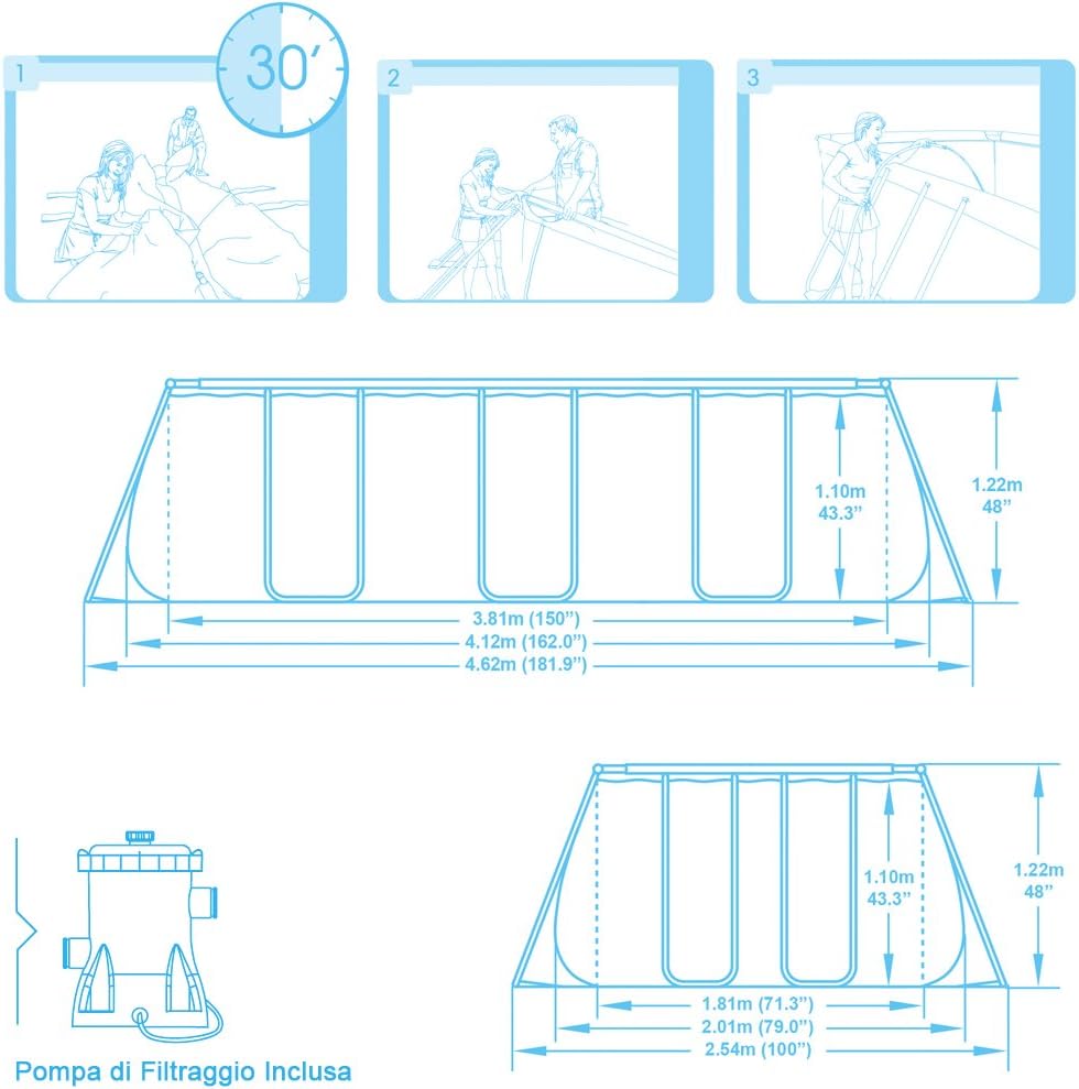 Bestway 56241GS Frame Pool Stahlrahmenbecken Set, 412 x 201 x 122 cm rechteckig mit Filterpumpe GS, hellgrau