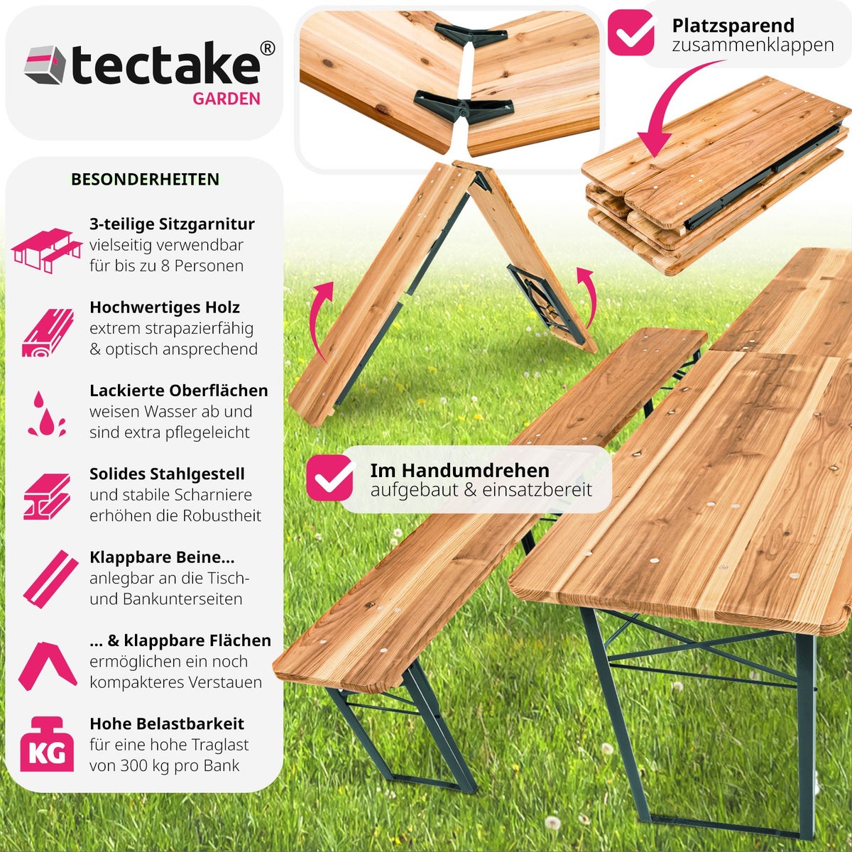 tectake Ralf 3-delige biertuinset, houtlook met blanke lak