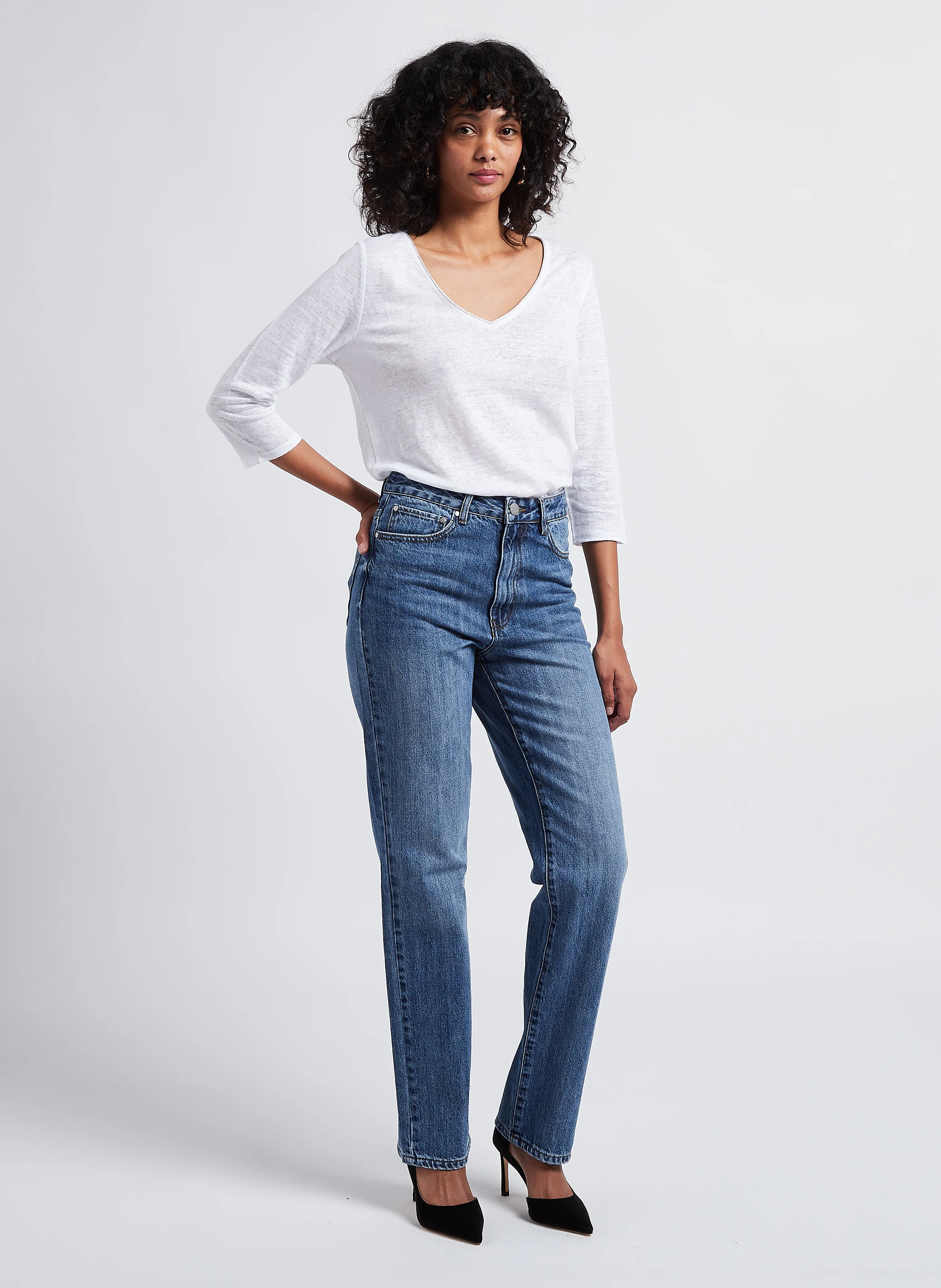 JOLINE - Jean taille haute droit en coton | Bleu