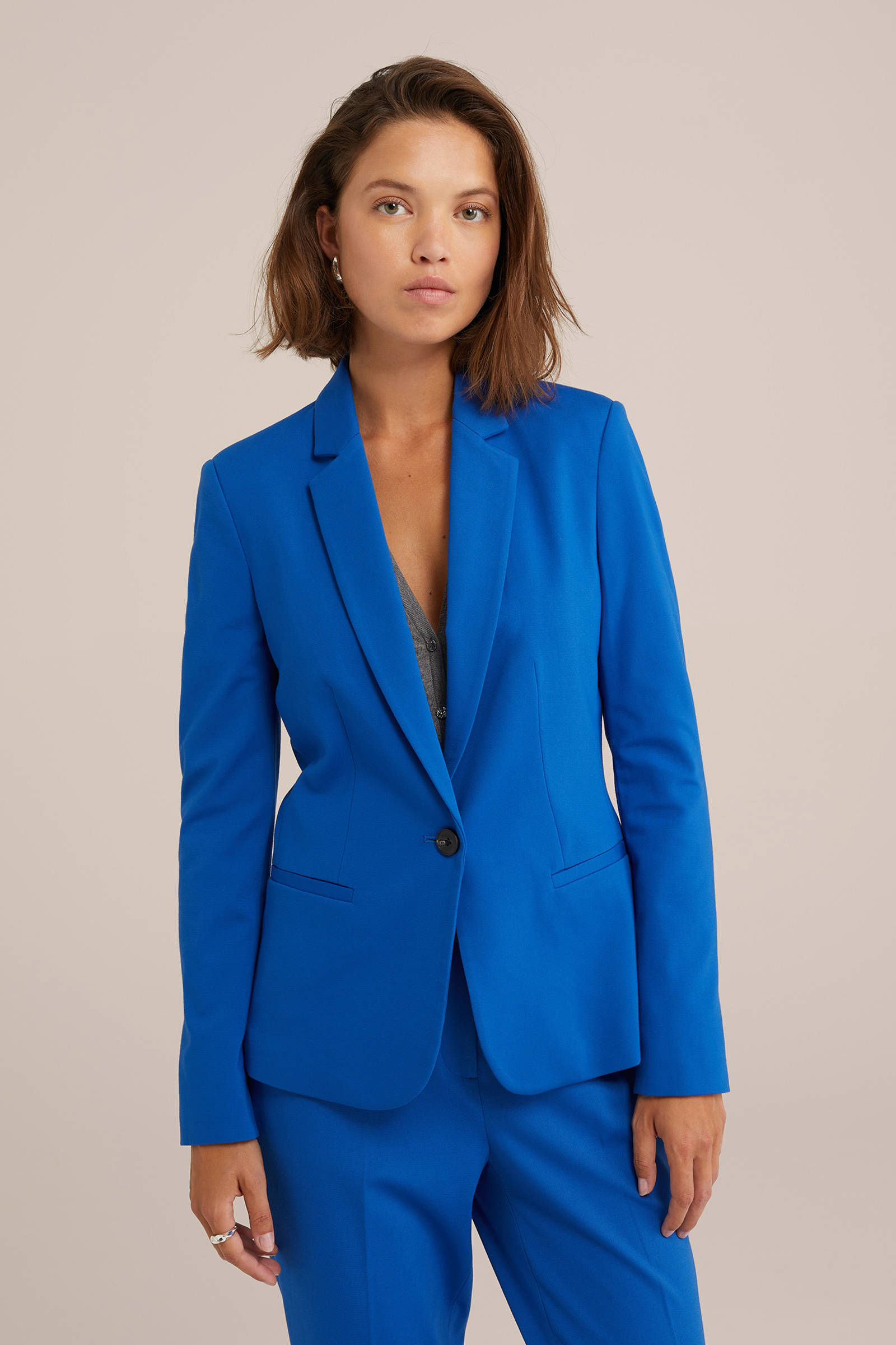 WE Fashion jersey getailleerde blazer Liz kobalt blauw