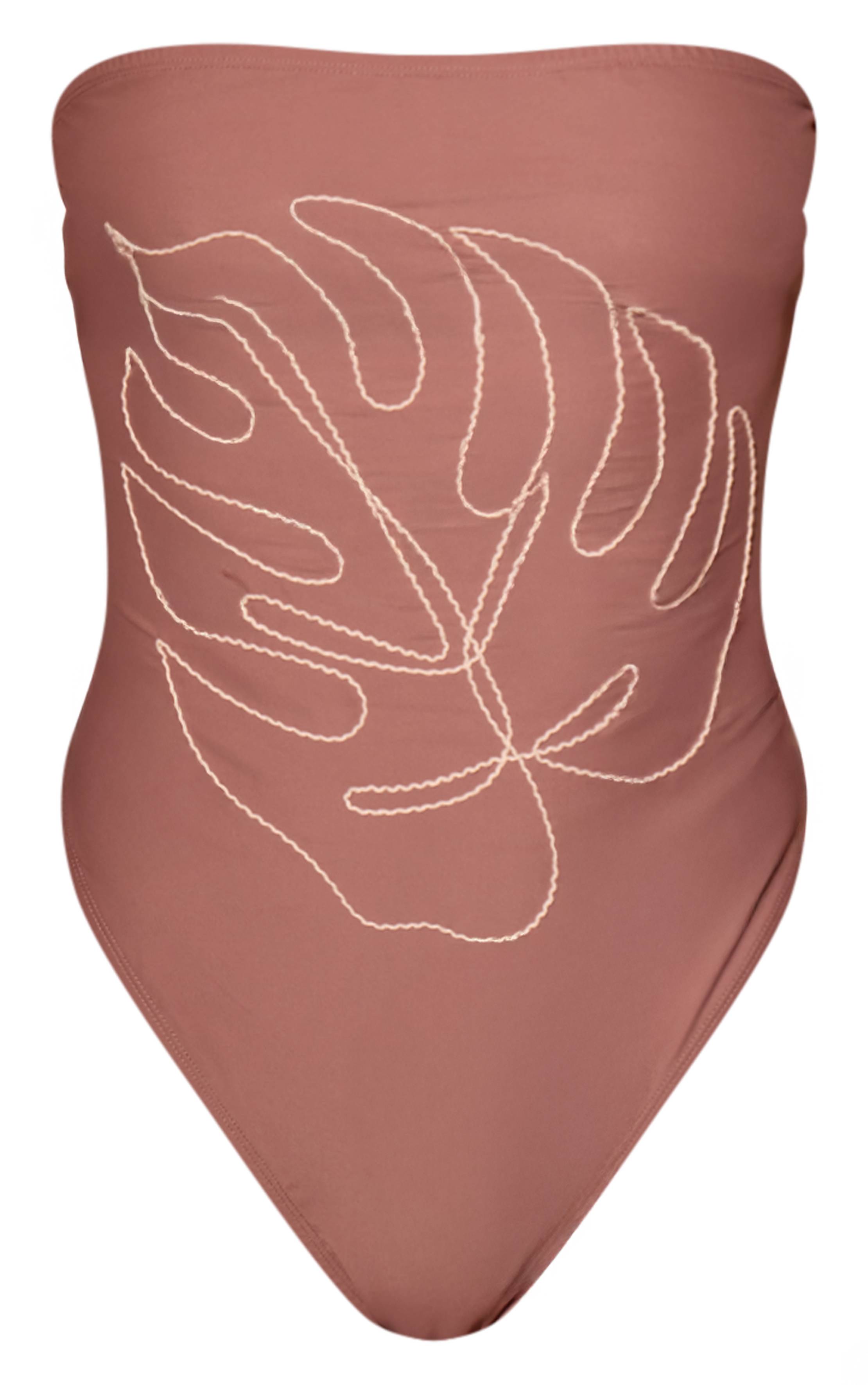 Taupe Maillot De Bain Bandeau Brodé Motif Feuilles