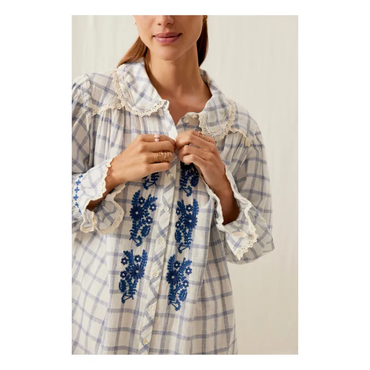 Louise Misha Robe Nilan Carreaux Coton Bio et Lin - Collection Femme | Bleu