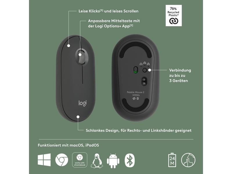 Logitech Pebble 2 M350s Schlanke Bluetooth-Maus mit geräuscharmen Tasten