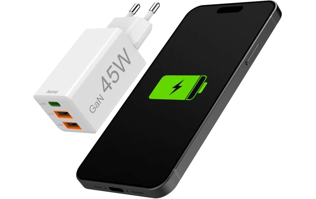 USB-Wandladegerät Gan charger 2x USB-A USB-C 45 W WeissSchnellladegerät mit 1x USB-C und 2x USB-A