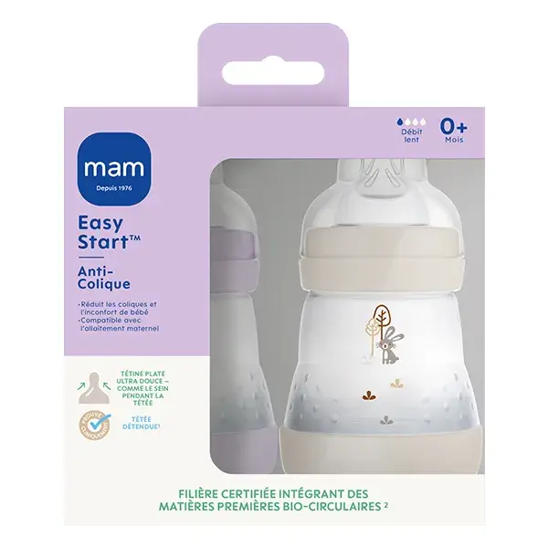 Mamadeira Mam Baby, Lilás + Teto Areia, Fluxo 1, 2 x 160ml