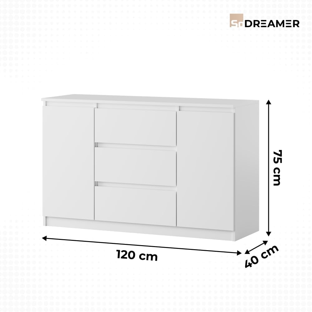Kommode 2 Türen 3 Schubladen | Weiß 120 cm Ideal für Schlafzimmer, Wohnzimmer, Kinderzimmer und Büro | Große geräumige Kommode | 120x75x40 cm
