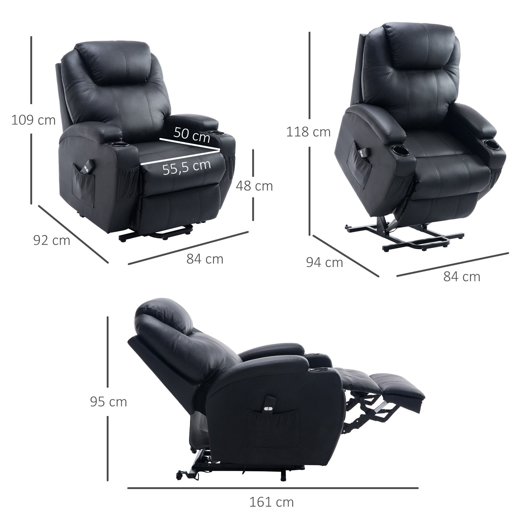 HOMCOM Fernsehsessel 2-in-1-Design, Becherhalter auf beiden Seiten, Sessellift Schwarz 84 x 92 x 109 cm (BxTxH)